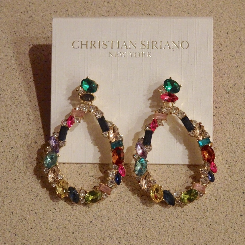 Christian Siriano New York Multi-Colored Crystal Drop Earrings - Missing 1 Jewel - Picture 3 of 6
